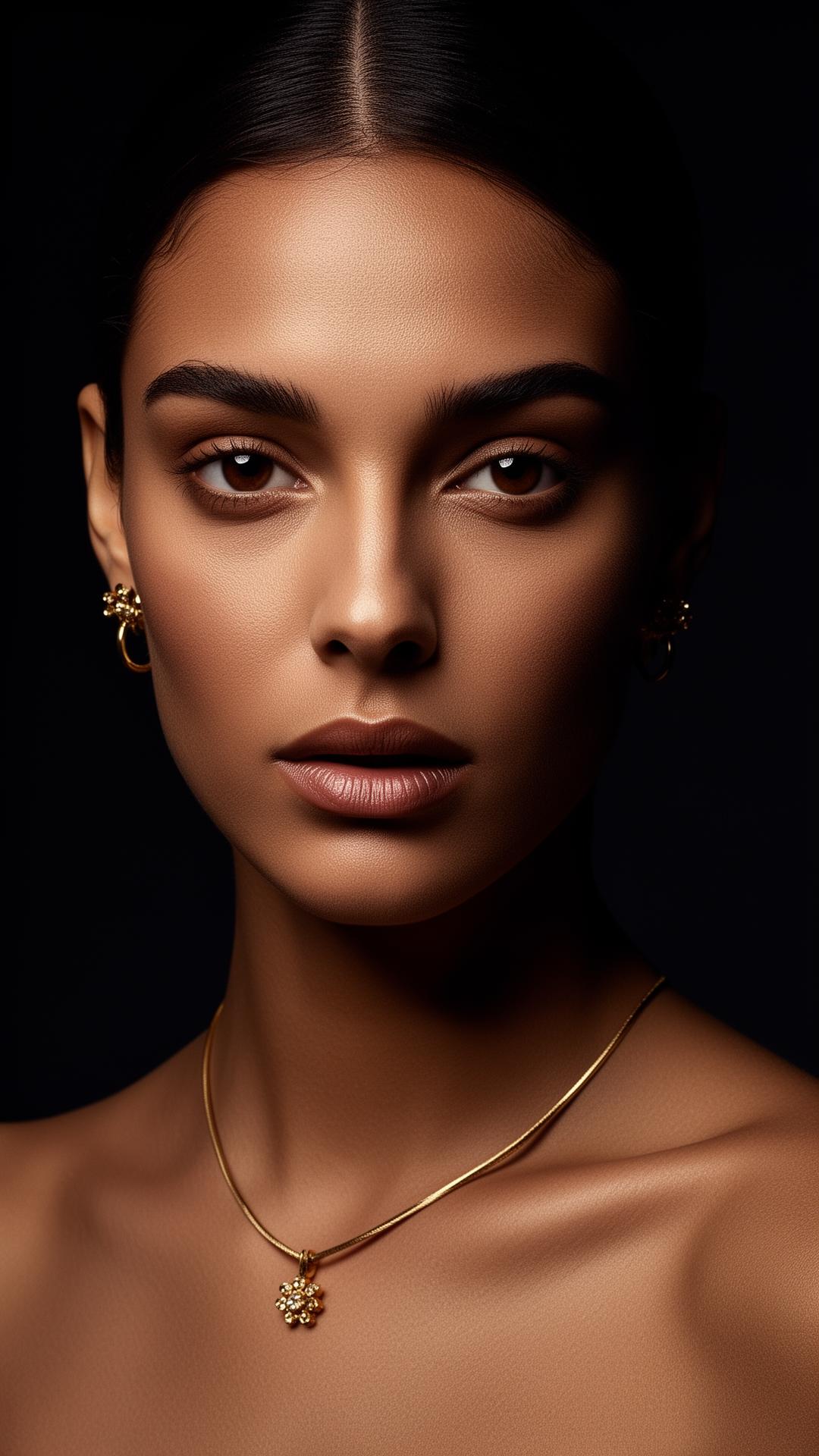 High-fashion editorial portrait on a dark studio background